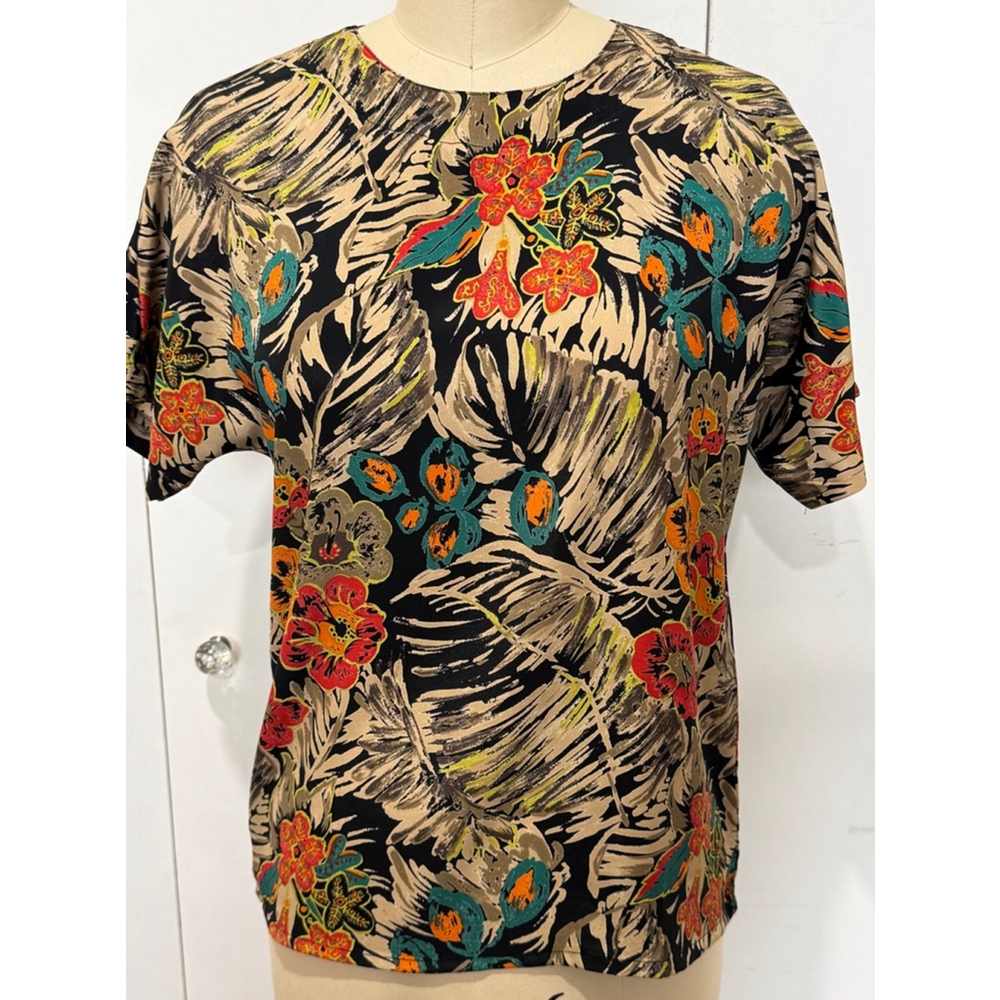 Women's Nicola jungle Floral Print short sleeve Top Size S black tan mult